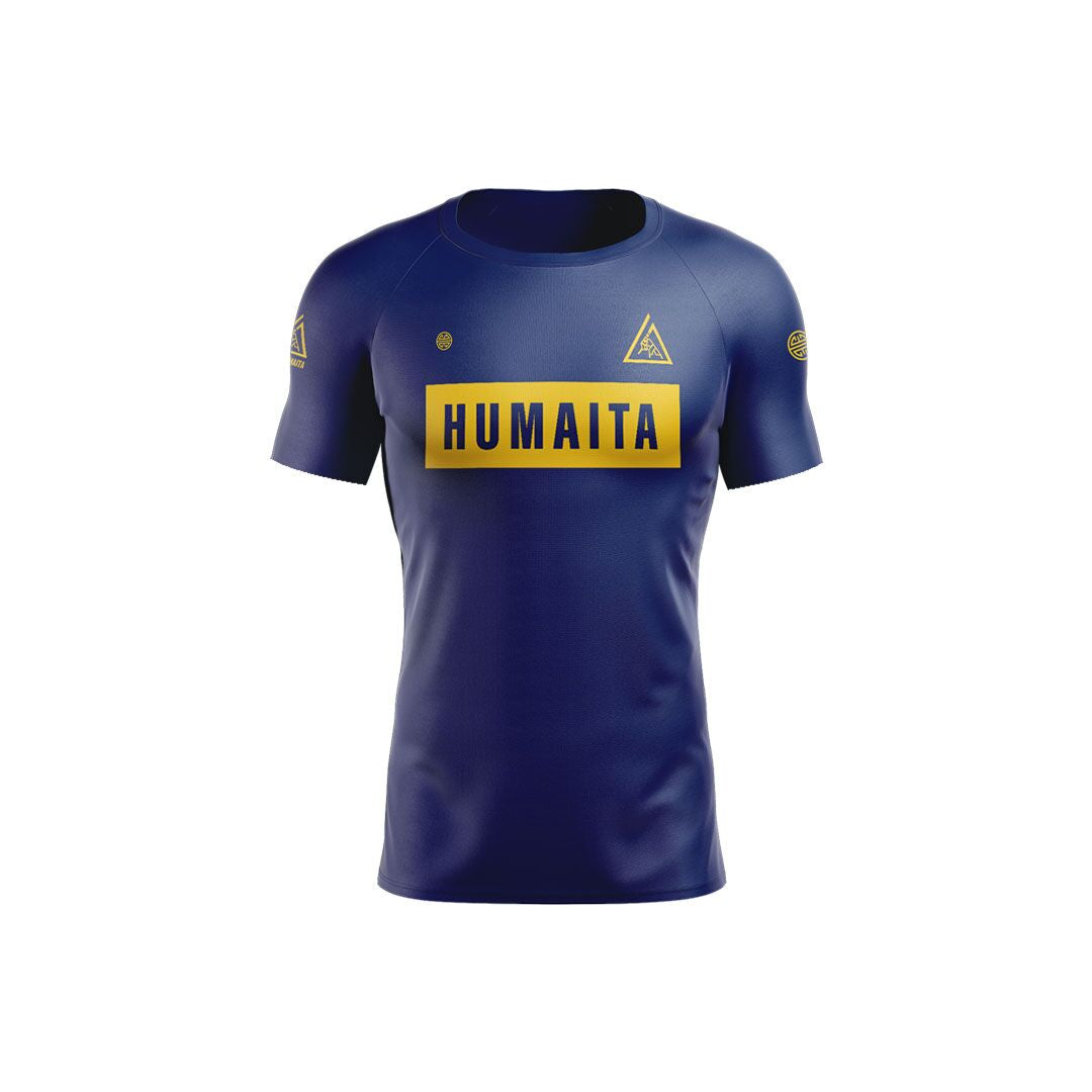 Gracie Humaita 4 Panel Short Sleeve Ranked Rash Guard Blue Belt Front View