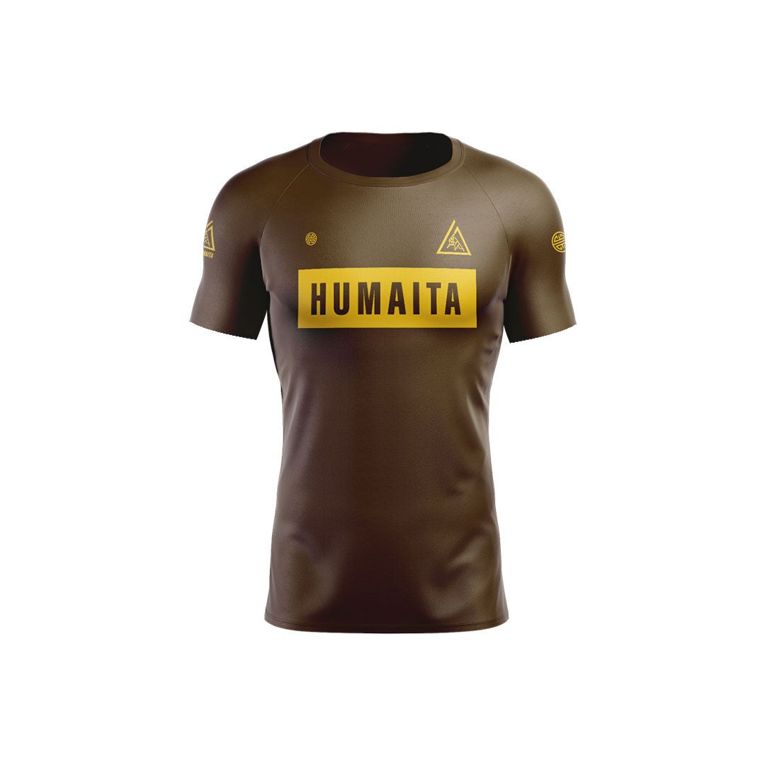 Gracie Humaita 4 Panel Short Sleeve Ranked Rash Guard Brown Front View