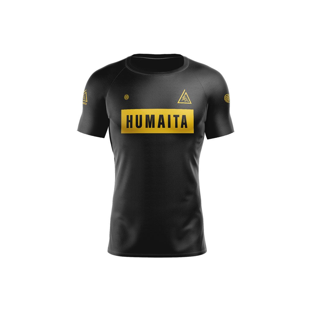 Gracie Humaita 4 Panel Short Sleeve Ranked Rash Guard Black Belt Front View